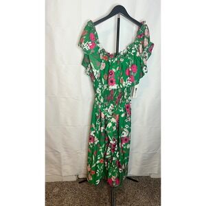 Eliza J Womens Green Floral Smocked Off Shoulder Midi Dress Plus Size 22W NWT